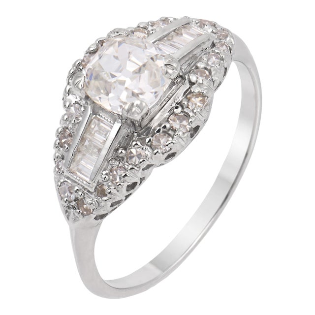 1930s Art Deco Gia 0.90 Carat Old Mine Cut Diamond Baguette Platinum Engagement Ring, Size 6.5 For Sale