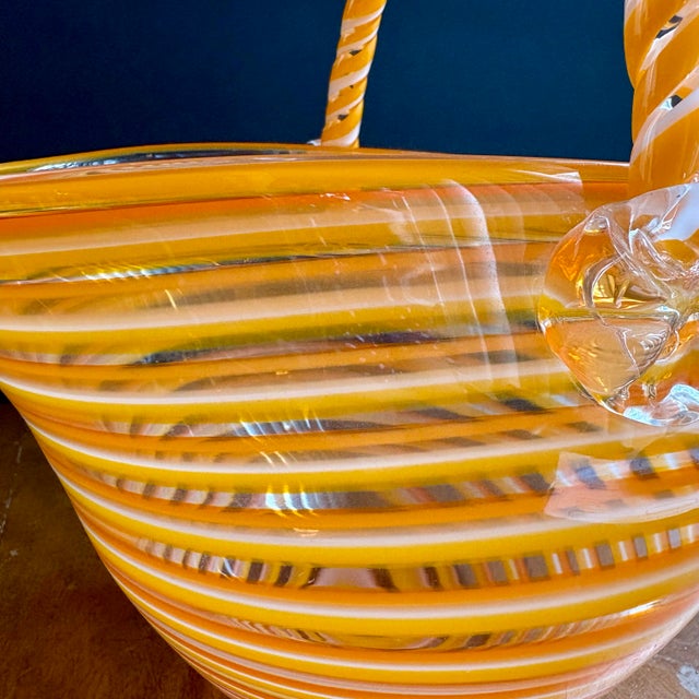Orange Vintage Art Glass Basket Bowl by Block Crystal – Orange White Striped Murano Style Hand Blown Glass Basket – Decorative Glass Centerpiece For Sale - Image 8 of 9