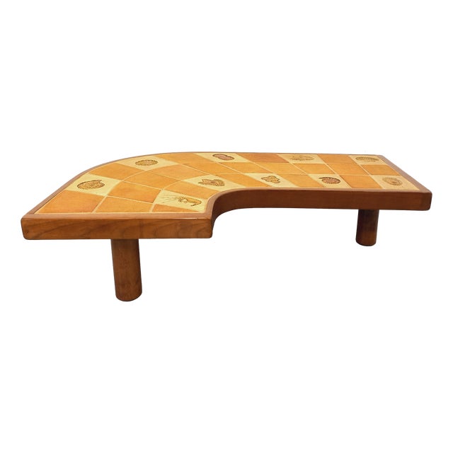Comma-Shaped Coffee Table with Shell Motifs in Wood and Vallauris Ceramic from Barrois, 1960s-1970s For Sale