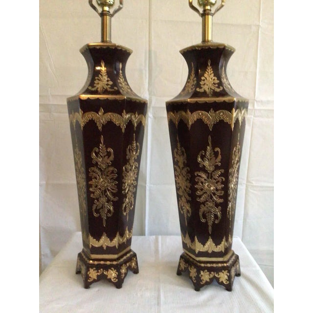 Pair of 1960s brown painted brass and inlayed Anglo-India style lamps.
