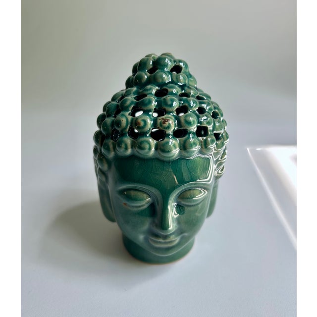 Green Vintage Pierced Glossy Green Glazed Ceramic Buddha Head For Sale - Image 8 of 16