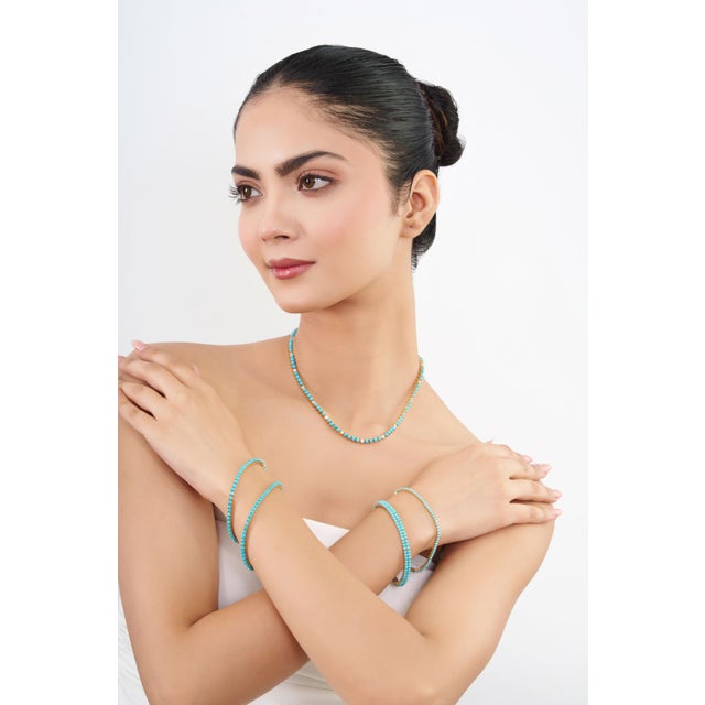 18k Yellow Gold 13.8ct Round Sleeping Beauty Turquoise & Diamond Tennis Necklace For Sale In New York - Image 6 of 17
