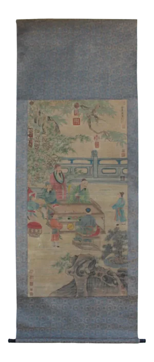 Chinese Court House People Color Ink Scroll Painting Museum Wall Art
