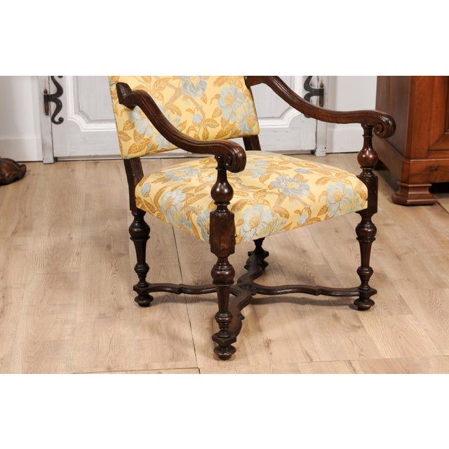 Cream Italian Baroque Period 17th Century Walnut Armchair with Carved X-Form Stretcher For Sale - Image 8 of 12