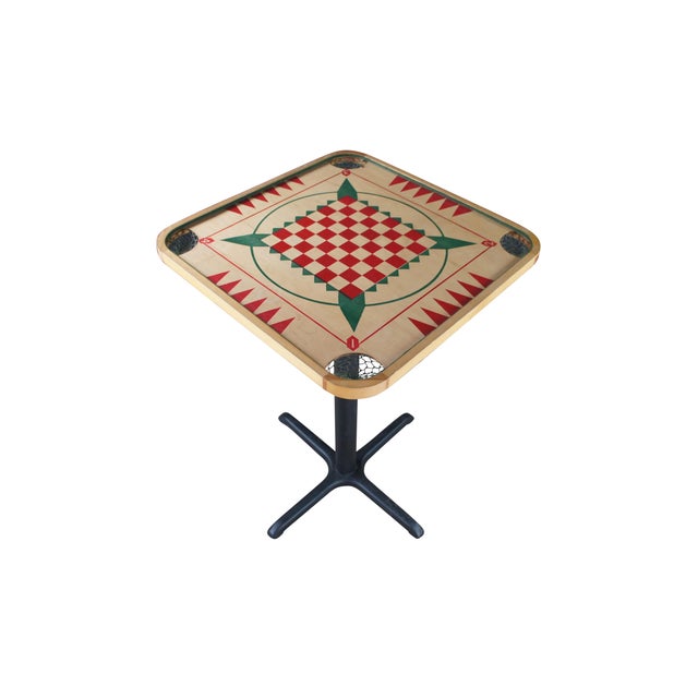 Vintage Carrom and Crokinole game board counter height pedestal table. Features a red and green playing surface for Carrom...
