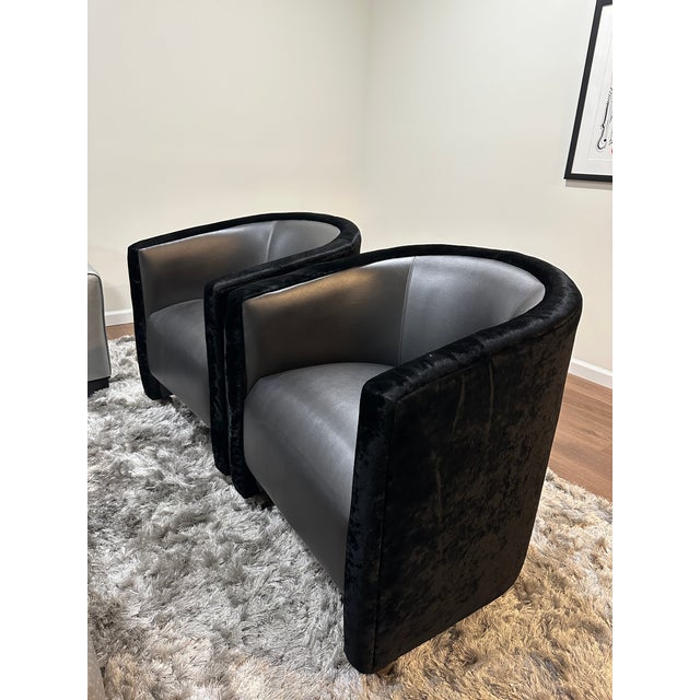 Mid 20th Century Mid 20th Century Mid-Century Modern Pair of Black Velvet and Vinyl Club Chairs For Sale - Image 5 of 7