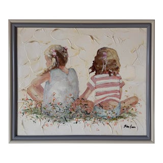 1980s Vintage Shallom Two Girls Impressionist Textured Oil on Board Painting, Framed For Sale
