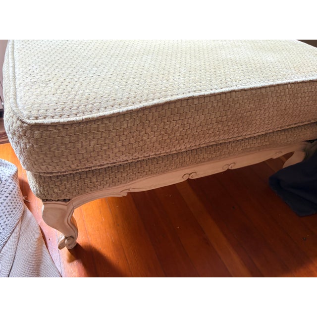 Late 20th Century Large Louis XV Style French Provincial Carved Ottoman, Cream Painted Cabriole Frame, Neutral Woven Basketweave Upholstery For Sale - Image 13 of 13