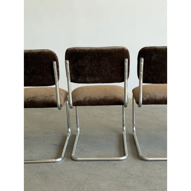 1970s Cantilever Dining Chairs in Brown Chenille - Set of 4 For Sale - Image 12 of 14