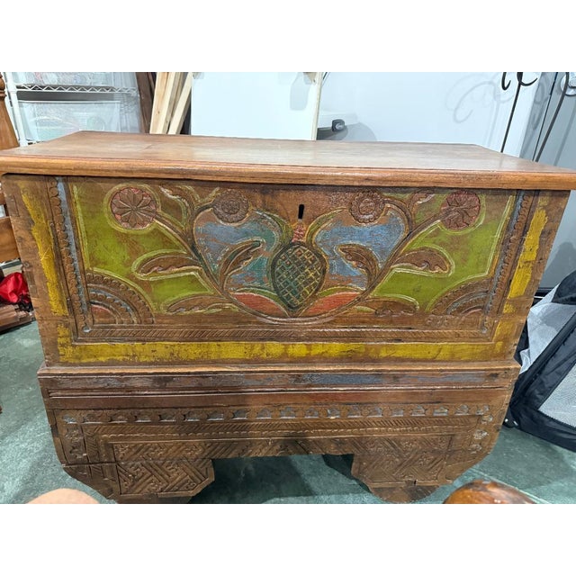 Early 20th Century Antique Hand-Carved Painted Wooden Chest / Hutch on Wheels For Sale - Image 5 of 5