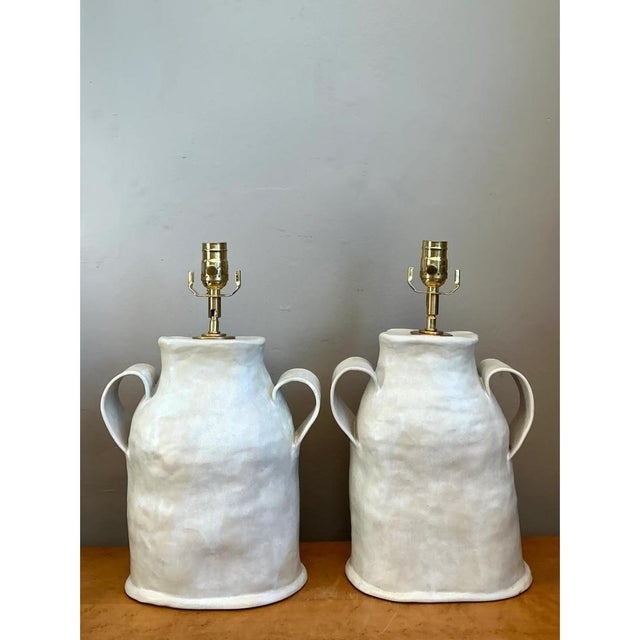 Mid-Century Modern Vintage Biomorphic Double Handled Studio Pottery Lamps - a Pair For Sale - Image 3 of 12