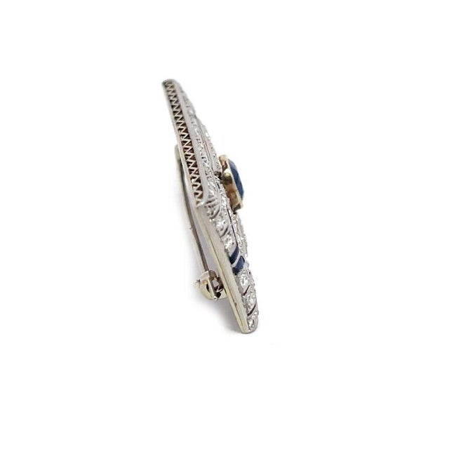Art Deco Diamond Brooch Platinum 18k Gold Sapphire Rectangle Shape For Sale In Miami - Image 6 of 6