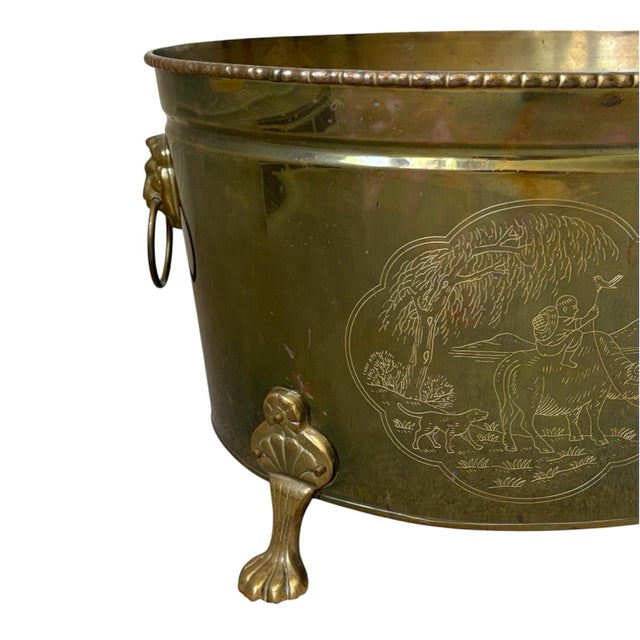 Vintage Asian Motif Lion Head Oval Brass Cachepot Planter For Sale - Image 4 of 9