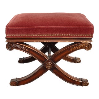 Vintage Ethan Allen Regency Style Gilt X Base Ottoman Bench W Burgundy Velvet For Sale