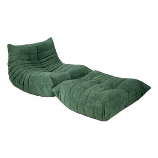 Set of Togo Lounge Chair and Pouf in Emerald Boucle Fabric by Michel Ducaroy for Ligne Roset, 1973 For Sale