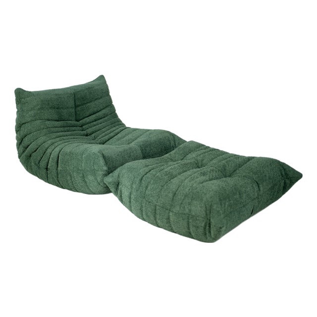 Set of Togo Lounge Chair and Pouf in Emerald Boucle Fabric by Michel Ducaroy for Ligne Roset, 1973 For Sale