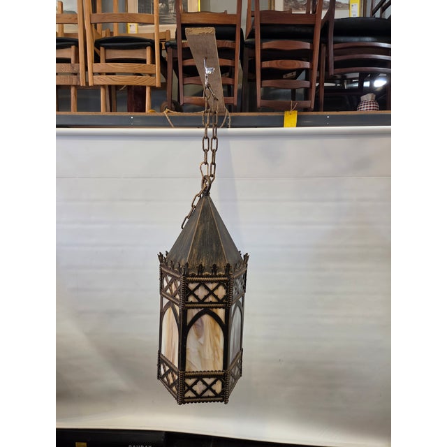 Black 1920s Gothic Tudor Ecclesiastical Gold Painted Metal & Slag Glass Fixture Chandelier For Sale - Image 8 of 10