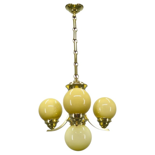 Art Deco Brass and Opaline Glass Chandelier, 1930s For Sale - Image 14 of 14