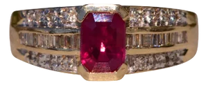 The Red Bay: Yellow Gold Ring set with Emerald Cut Lab Grown Ruby and Diamonds