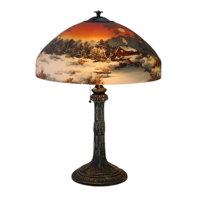 Antique Pittsburg Reverse Painted Table Lamp With Forest Scene C1920 For Sale