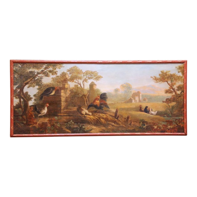 18th Century French Provincial Farmyard Painting With Roosters and Hens For Sale