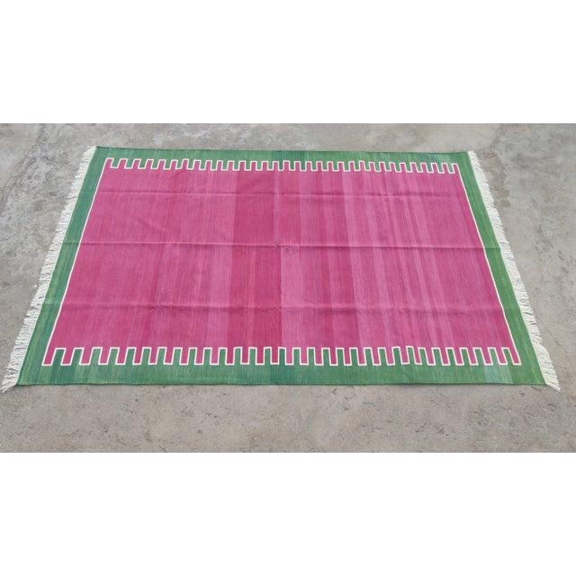 Handmade Cotton Rug, Raspberry with Forest Green Geometric Border and Cream Fringe - 6'x9' For Sale - Image 10 of 10
