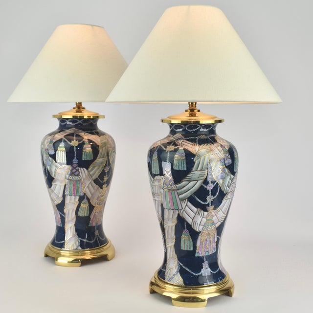 Late 20th Century 1980s Tassel Decorated set of Chinese Porcelain Table Lamps For Sale - Image 5 of 9