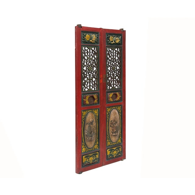 Pair Vintage Red Green Yellow Fujian Relief Carving Door Panels For Sale In San Francisco - Image 6 of 11