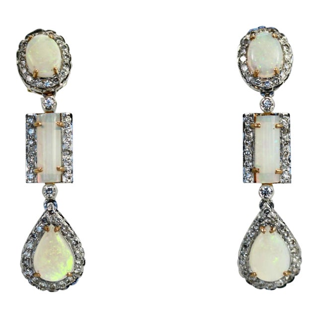 1970s Opal Diamond 18k Drop Earrings - 2 Pieces For Sale