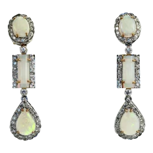 1970s Opal Diamond 18k Drop Earrings - 2 Pieces