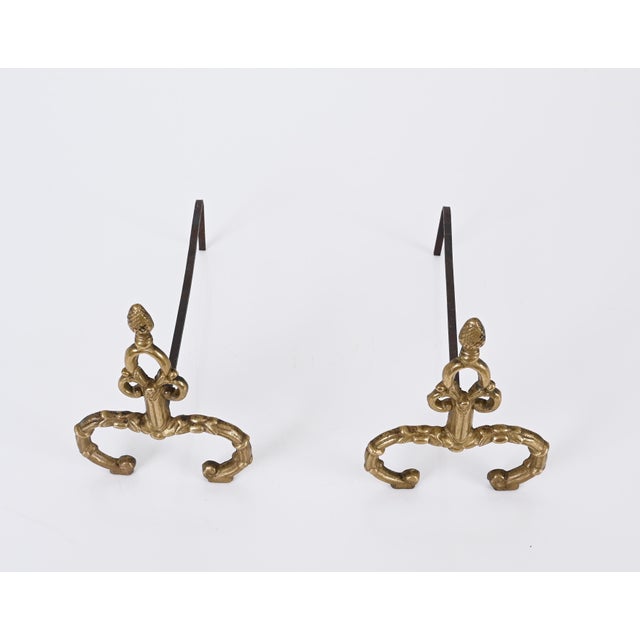 Louis XV Italian Andirons in Gilt Bronze and Iron, Italy, 1940s, Set of 2 For Sale - Image 4 of 13