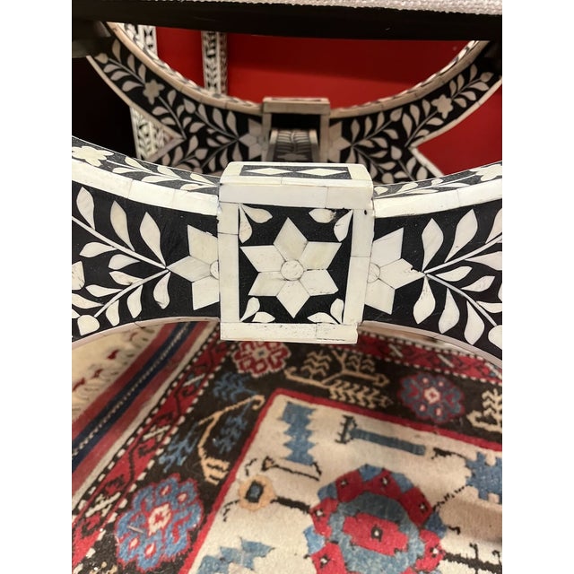 Wood Arhaus Inlaid Bone Bench Seat, Vanity Seat. Black and White For Sale - Image 7 of 7
