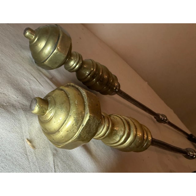 3 Huge Antique 1800s Wrought Iron Turned Brass Fireplace Tools Shovel Poker Tong For Sale - Image 9 of 13