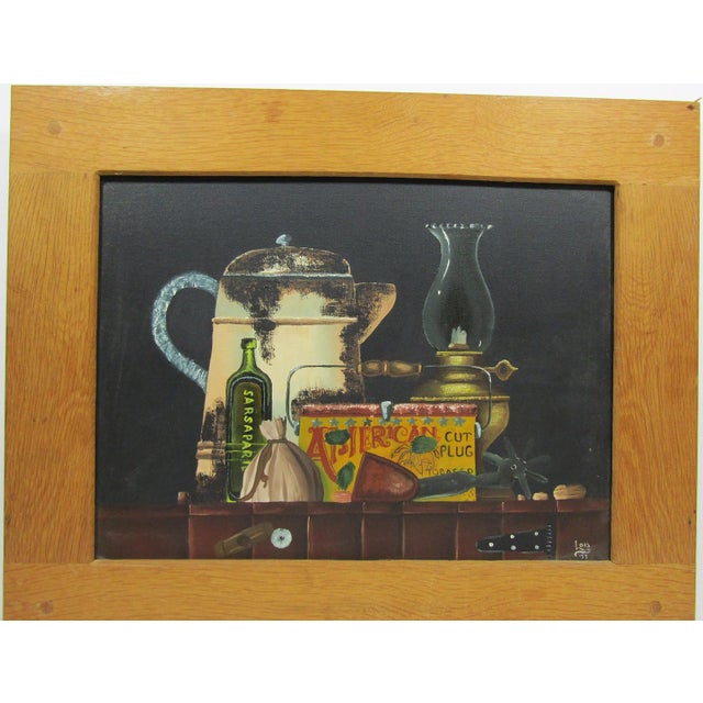 A charming vintage still life painting on canvas by Lois '77, showcasing a folk Western tobacco, an oil lamp, a coffee...