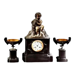 Circa 1880 French, Napoleon III Bronze and Marble Clock Garniture Set- 3 Pieces