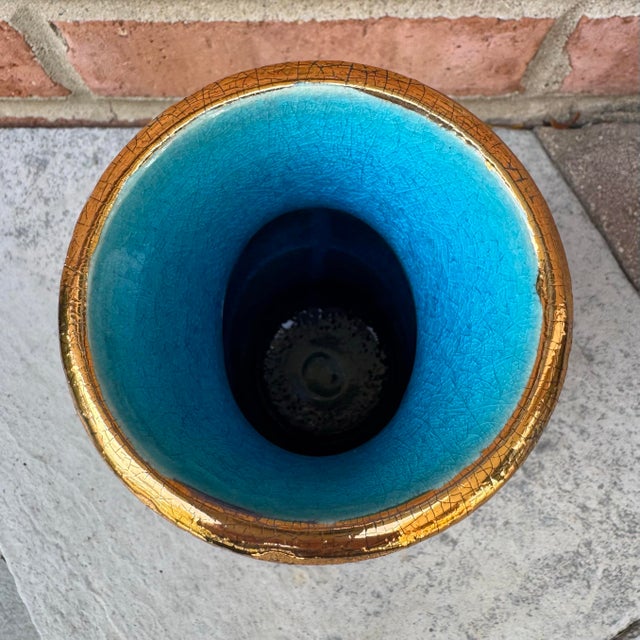 Vintage Studio Sgraffito Pottery Vase With Turquoise Interior Signed — 8” For Sale - Image 9 of 11