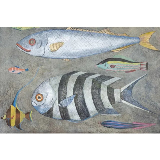 Painted canvas, or decorative panel depicting fish. Contemporary French work. Dimensions: H 220 x W 120 cm Raw linen...