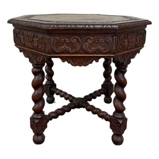 Antique French Octagonal Table Renaissance Revival Barley Twist Oak 24.5"t 19thC For Sale