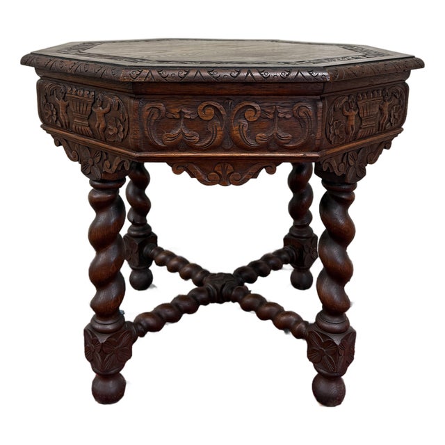 Antique French Octagonal Table Renaissance Revival Barley Twist Oak 24.5"t 19thC For Sale