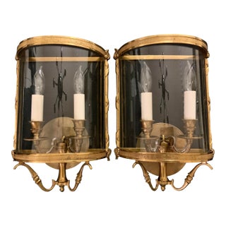 Pair of Mid 20th Century French Bronze Convex Half Lantern Wall Sconces, Ribbon & Reed For Sale