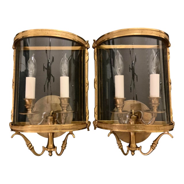 Pair of Mid 20th Century French Bronze Convex Half Lantern Wall Sconces, Ribbon & Reed For Sale