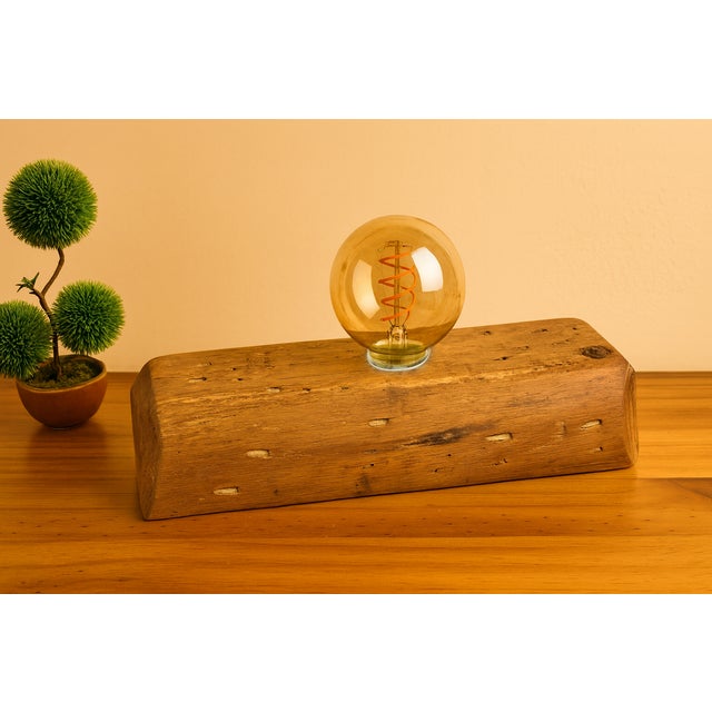 Handmade Modern Solid Natural Reclaimed Wood Edison Filament Lamp Desk Table Top With Switch Key For Sale - Image 4 of 8