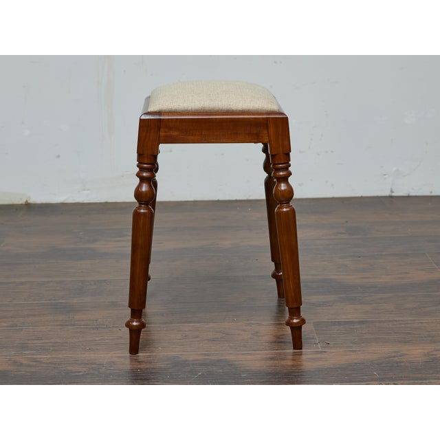 Brown 19th Century English Mahogany Stool with Turned Legs and Upholstered Seat For Sale - Image 8 of 12