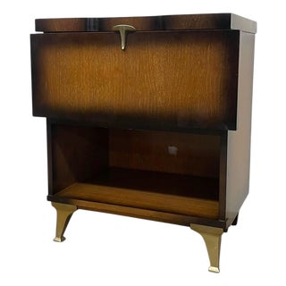 Vintage Mid-Century Modern Drop-Front Nightstand / Bedside Cabinet With Interior Drawer and Brass-Toned Legs For Sale