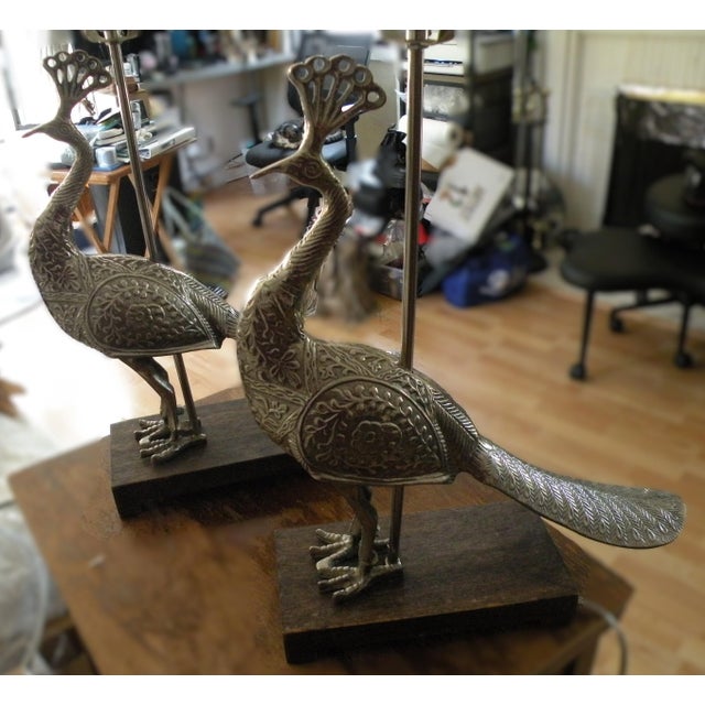 Gorgeous Ornate Medium Sized Aluminum Peacock Table Lamps For Sale - Image 9 of 10
