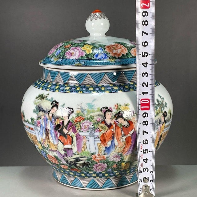 Ceramic 20th Century Chinese Famille Rose Porcelain Ginger Jar With Court Ladies - 7.5" H X 5.9" W For Sale - Image 7 of 9