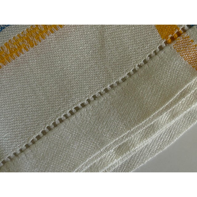 Textile Vintage European Linen Napkins, Blue & Mustard Jacquard Plaid With Damask Border, Hemstitched - Set of 6 For Sale - Image 7 of 12