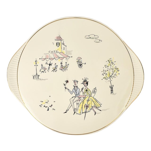 Mid Century Grünstadt Germany Pottery Ceramic Cake Plate "Café de Paris" Vintage 1950s Platter Creme Off white Ivory Gold Rim | French For Sale