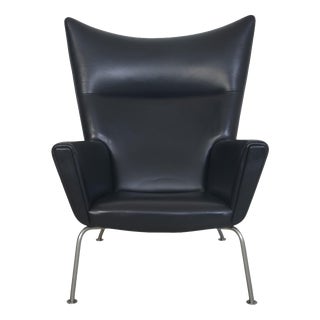 Vintage CH445 Wing Chair in Black Leather by Hans Wegner, 1990s For Sale