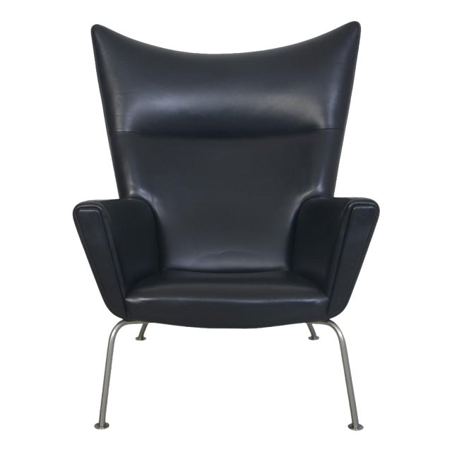 Vintage CH445 Wing Chair in Black Leather by Hans Wegner, 1990s For Sale